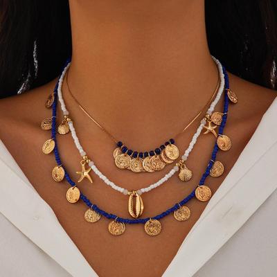 Conjunto de colar com pingente de pérola de praia e estrela do mar europeu-americano