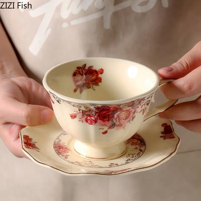 Blooming Roses Painted Mugs Porcelain Cup&saucer Golden Edge Coffee Mug Dining Table Afternoon Tea Teacup Fruits Juice Cup