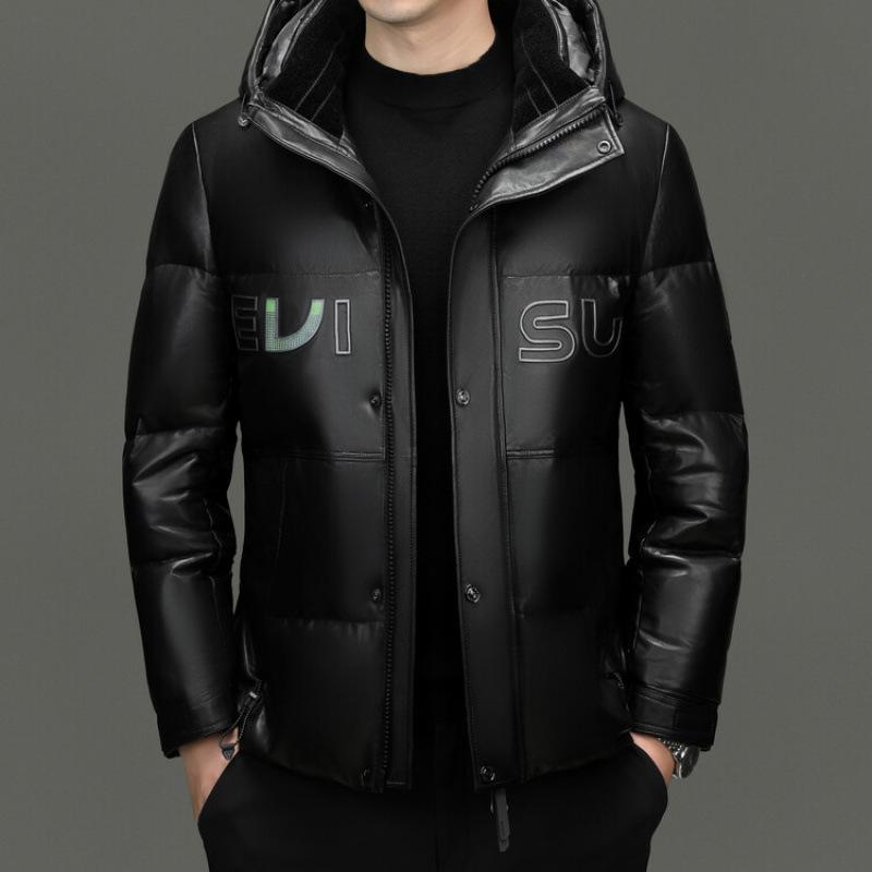 

Кожаный пуховик мужской с принтом букв зимняя мужская одежда утолщенный теплый воротник-стойка овчина пуховик 56 чёрный