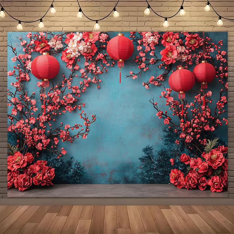 2D Oriental Plum Blossom Tapestry Red Lantern New Year Photo Background 47.2x31.5inch/120*80cm