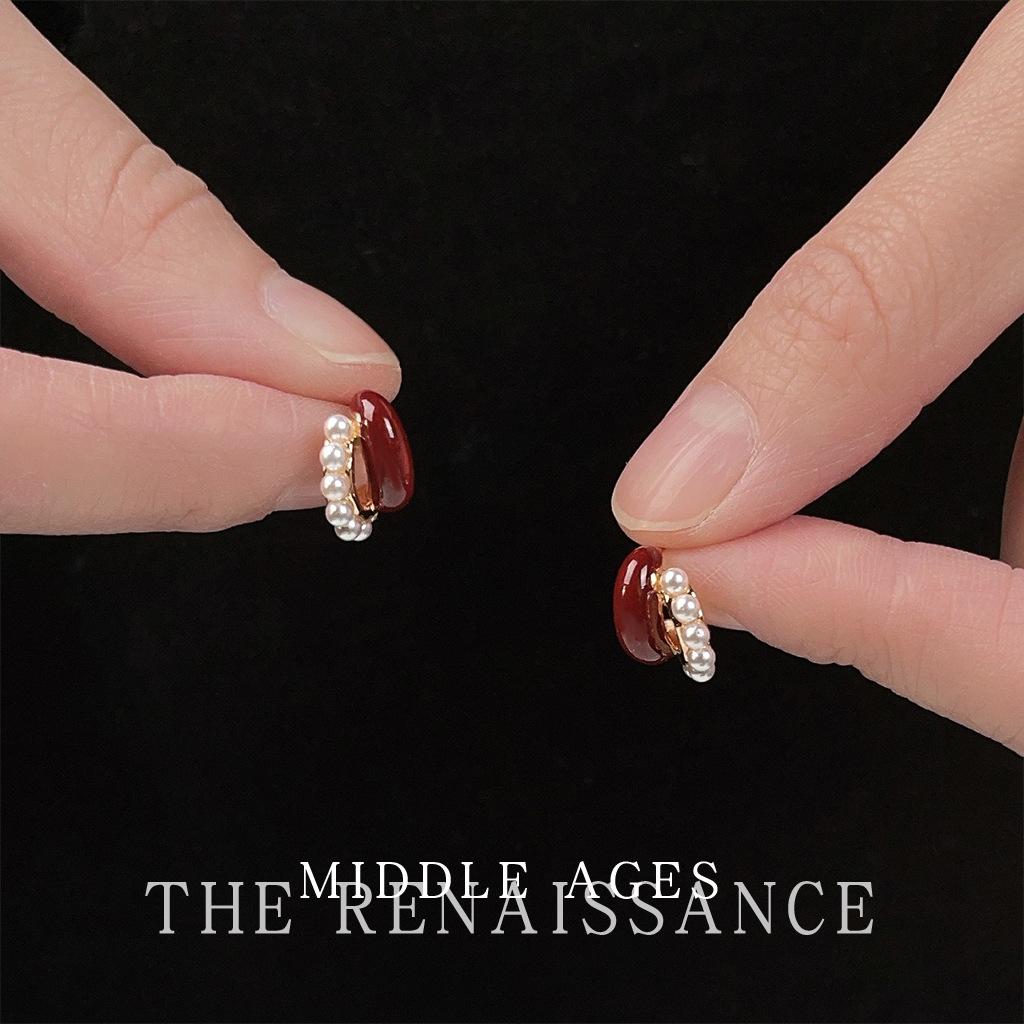 Винтажные светлые антикварные бордовые жемчужные пусеты нишевый гонконгский стиль элегантные серьги