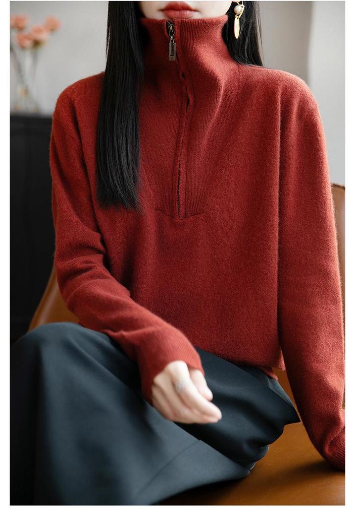 2026 Autumn-Winter Women's Half-Zip Pure Wool Loose Knit Sweater