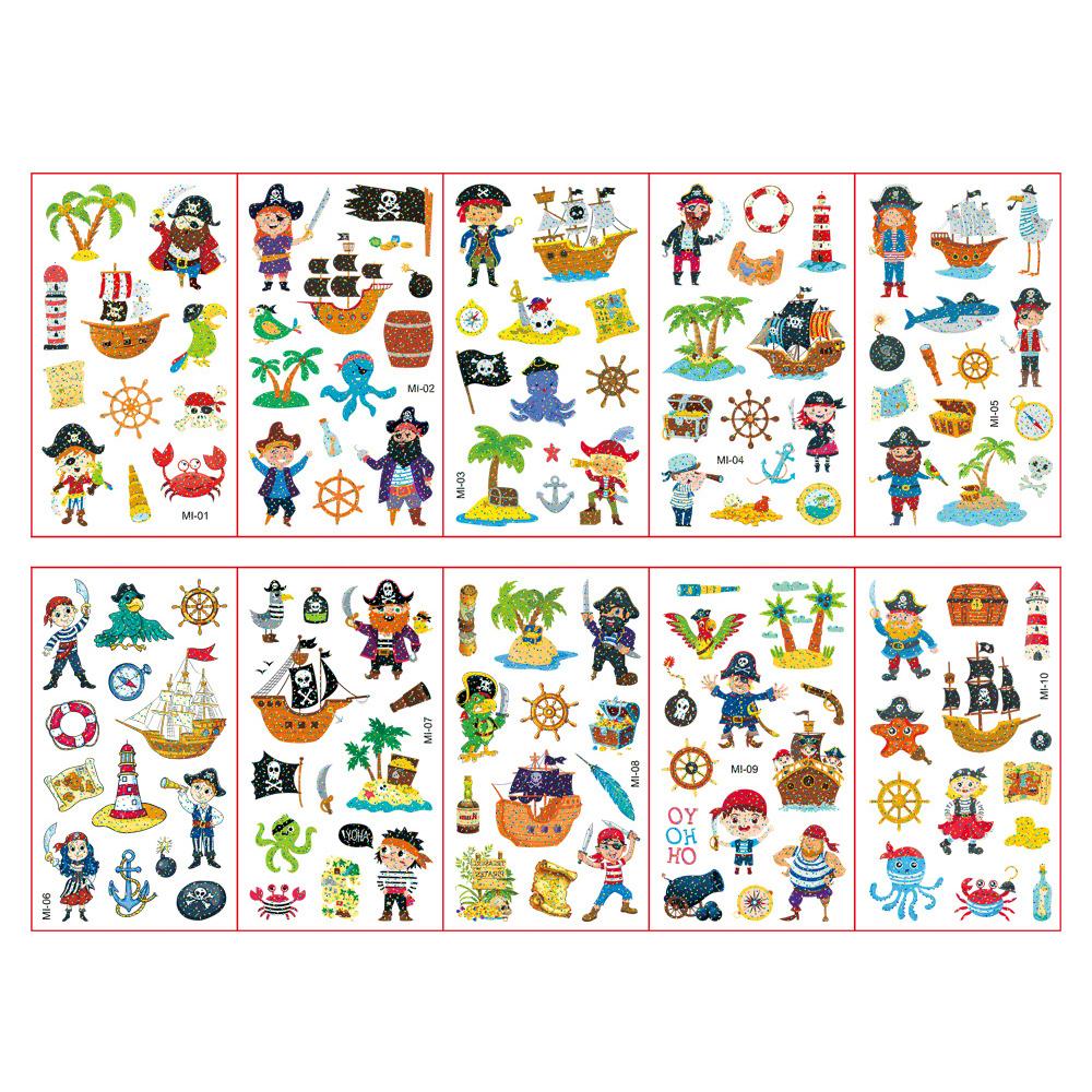 10 Fogli/Set Tatuaggi Adesivi Colorati con Polvere Glitterata Cartone Animato Animale Unicorno Principessa Veicolo Tatuaggio Temporaneo Finto per Bambini