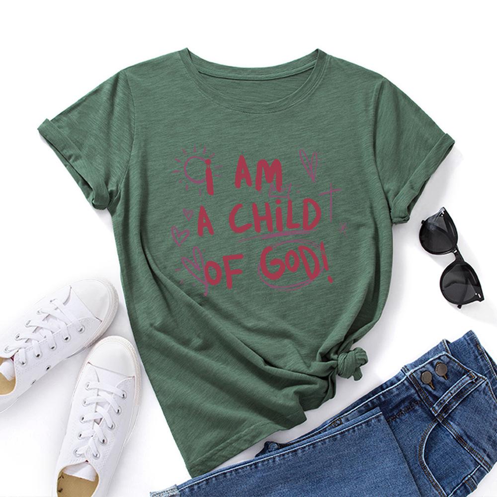A Child of God Alphabet Cotton T-Shirt Short Sleeve Round Neck Women 2d Print Tops