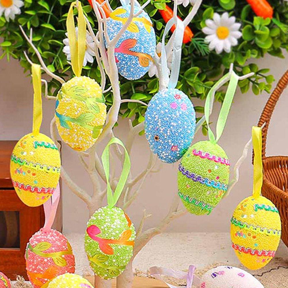 6PCS Colorful Painted Easter Eggs Pendant Foam Simulation Egg Pendant  Home Party Decorations