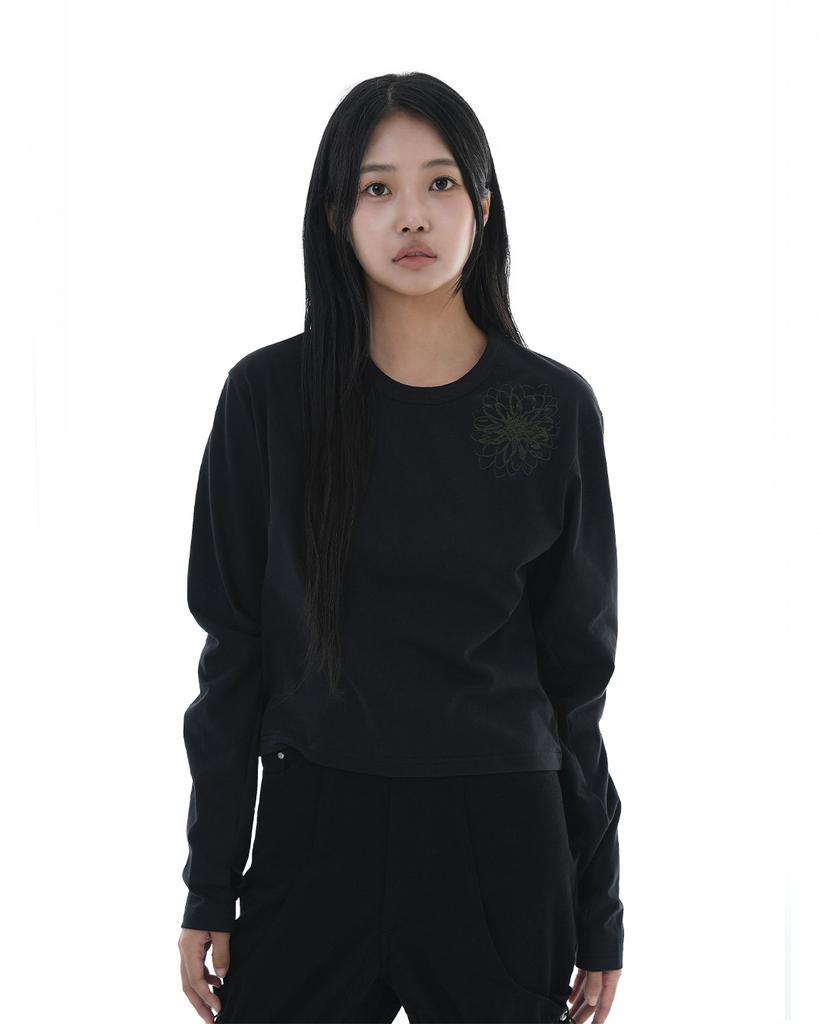 Heojin Disstored Flower Crop Long Sleeve_Black (Thumb Hole)