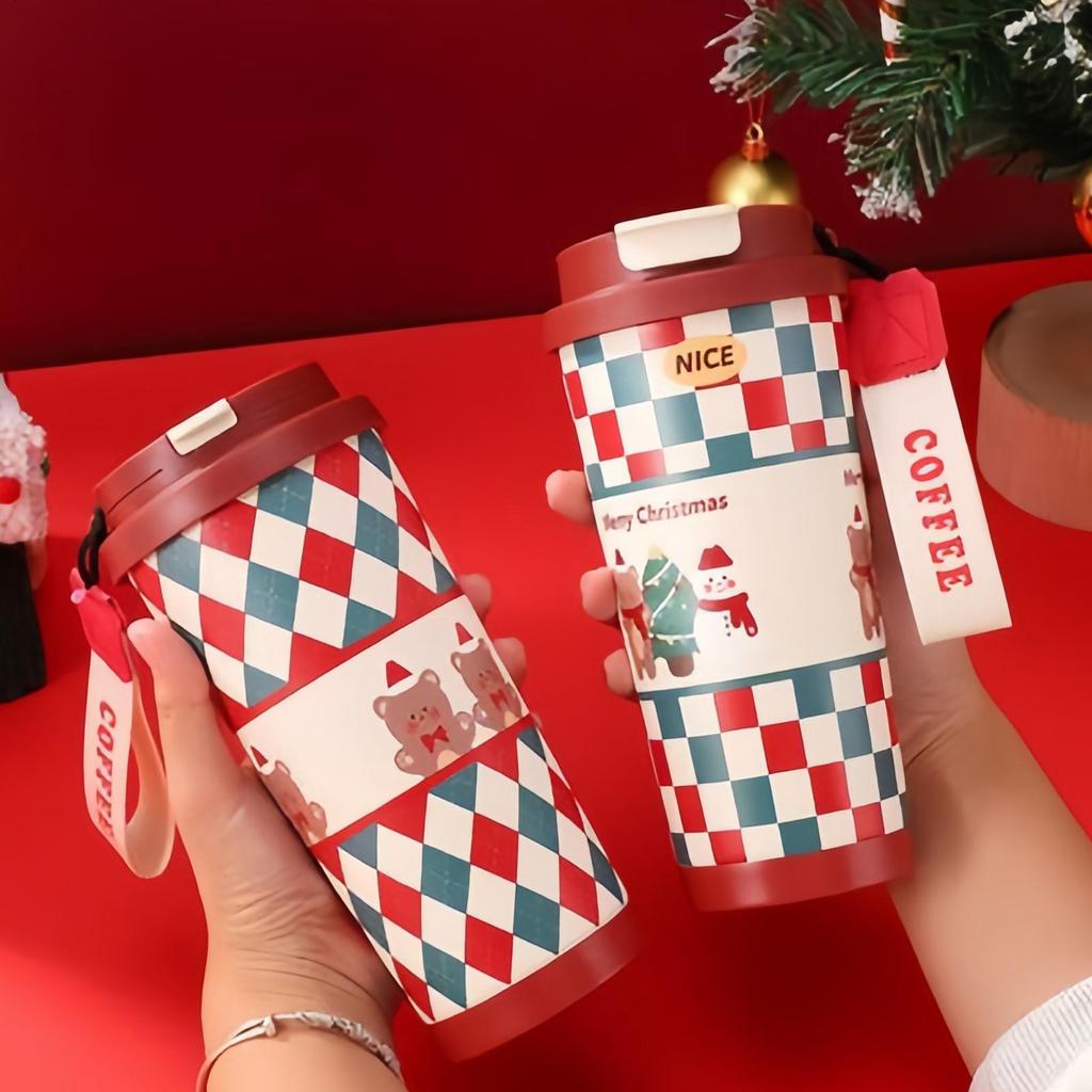 Christmas Stainless Steel Insulated Cup Double-layer Water Mug With Lid And Straw For Office Students Travelers Outdoor