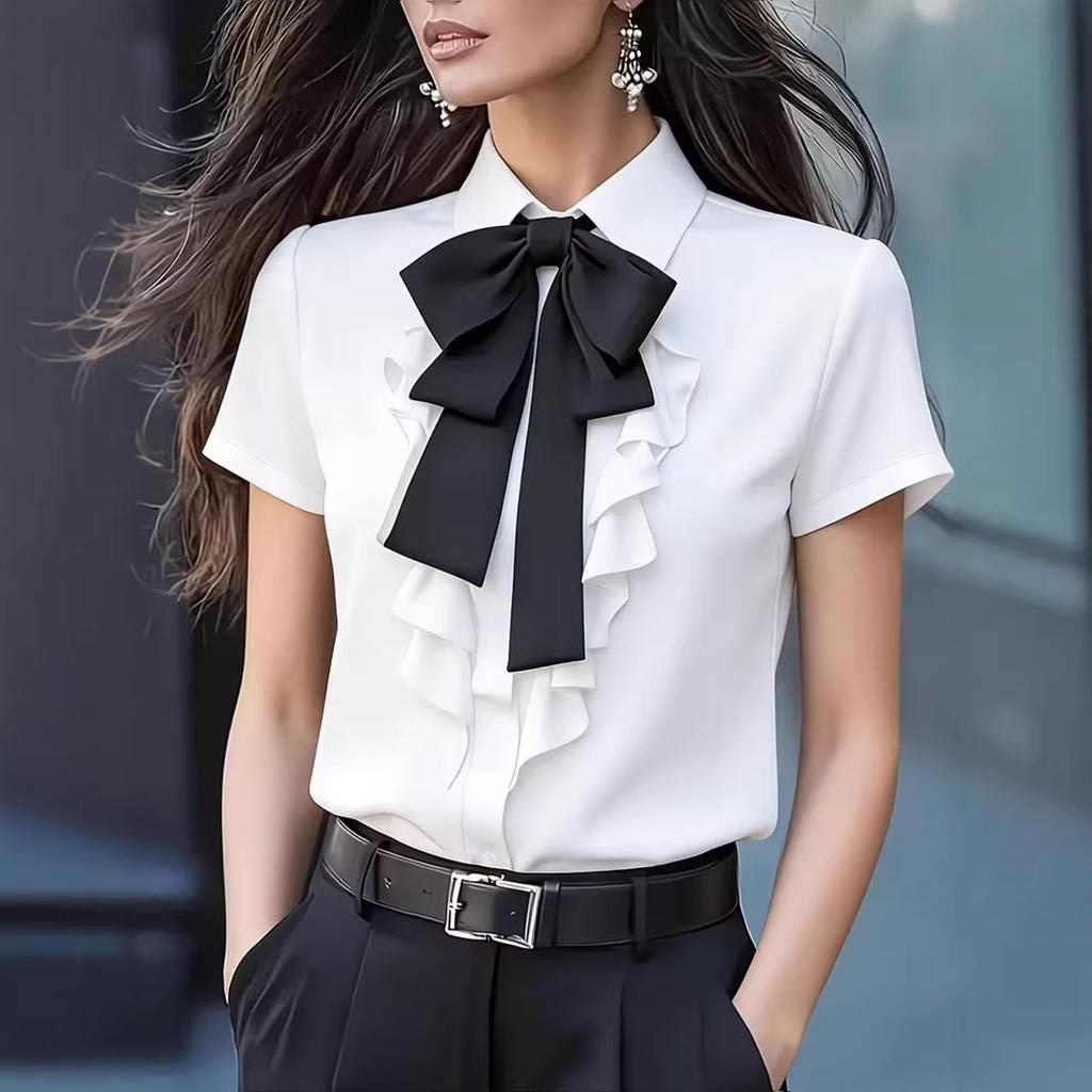 Short Sleeve Blouse for Women Ruffle Front Button Down Shirt with Bow Tie Neck and Classic Fit for Office Work