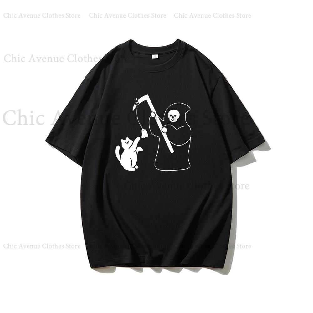Funny Print REAPER LOVES CATS Cotton Tshirt for Halloween Short Sleeve Tee Summer Tops Women Unisex Tshirt Unisexs Tshirts