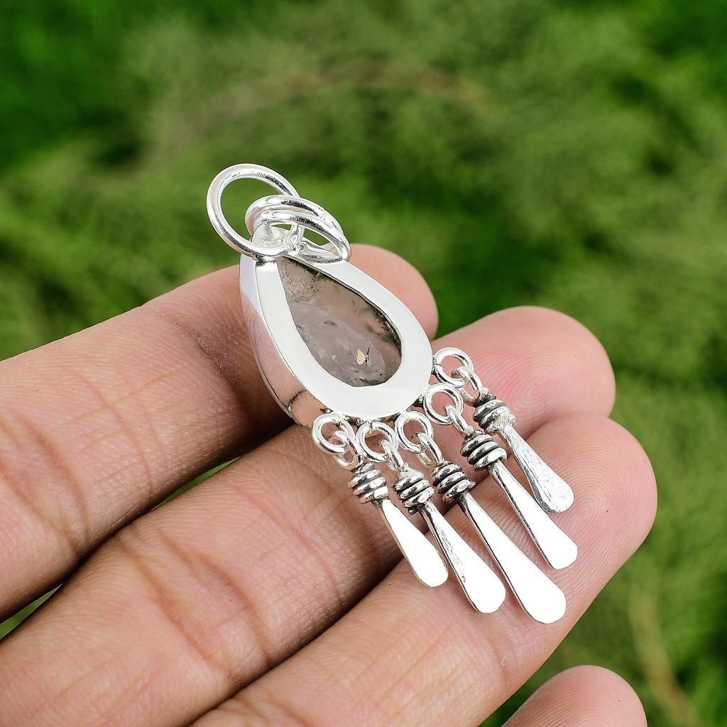 Daughters Day Sale Natural Plume Agate Wife Pendant Jewelry 925 Sterling Silver