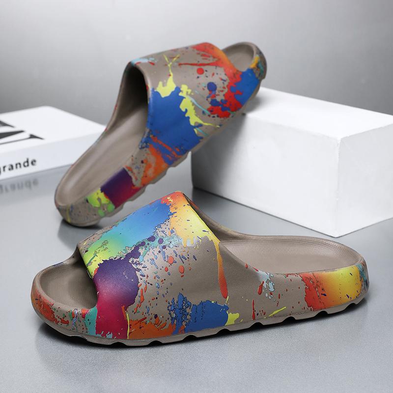 Mens Large Size Painted Thick-Soled Sandal Shoes, New Summertime Style, Anti-Skid Daily Flip-Flops, Beach Slide Shoes