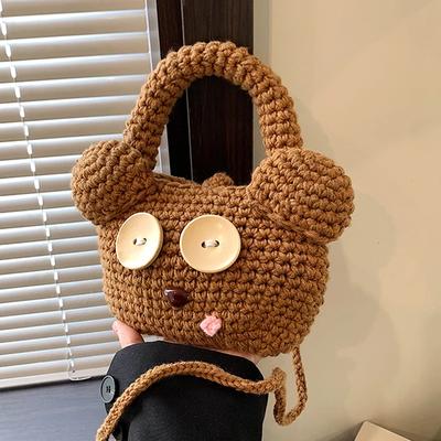 Women's Handmade Fabric Bag Wool Shoulder Bag Crossbody Bag Cute Bear Animations Crochet Girl Mobile Phone Bag