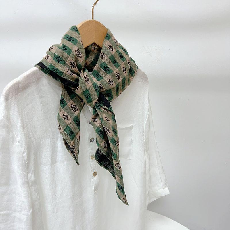 Retro Small Plaid Linen Square Scarf Literary And Versatile Women'S Summer Neck Protection Small Silk Scarf Scarf Accessories