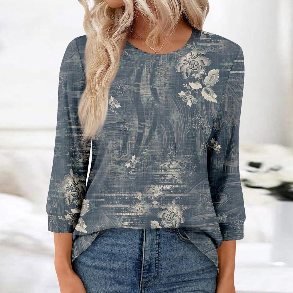 Damenmode, lässig, Rundhalsausschnitt, 3/4-Ärmel, lockeres bedrucktes T-Shirt, Damen-Top