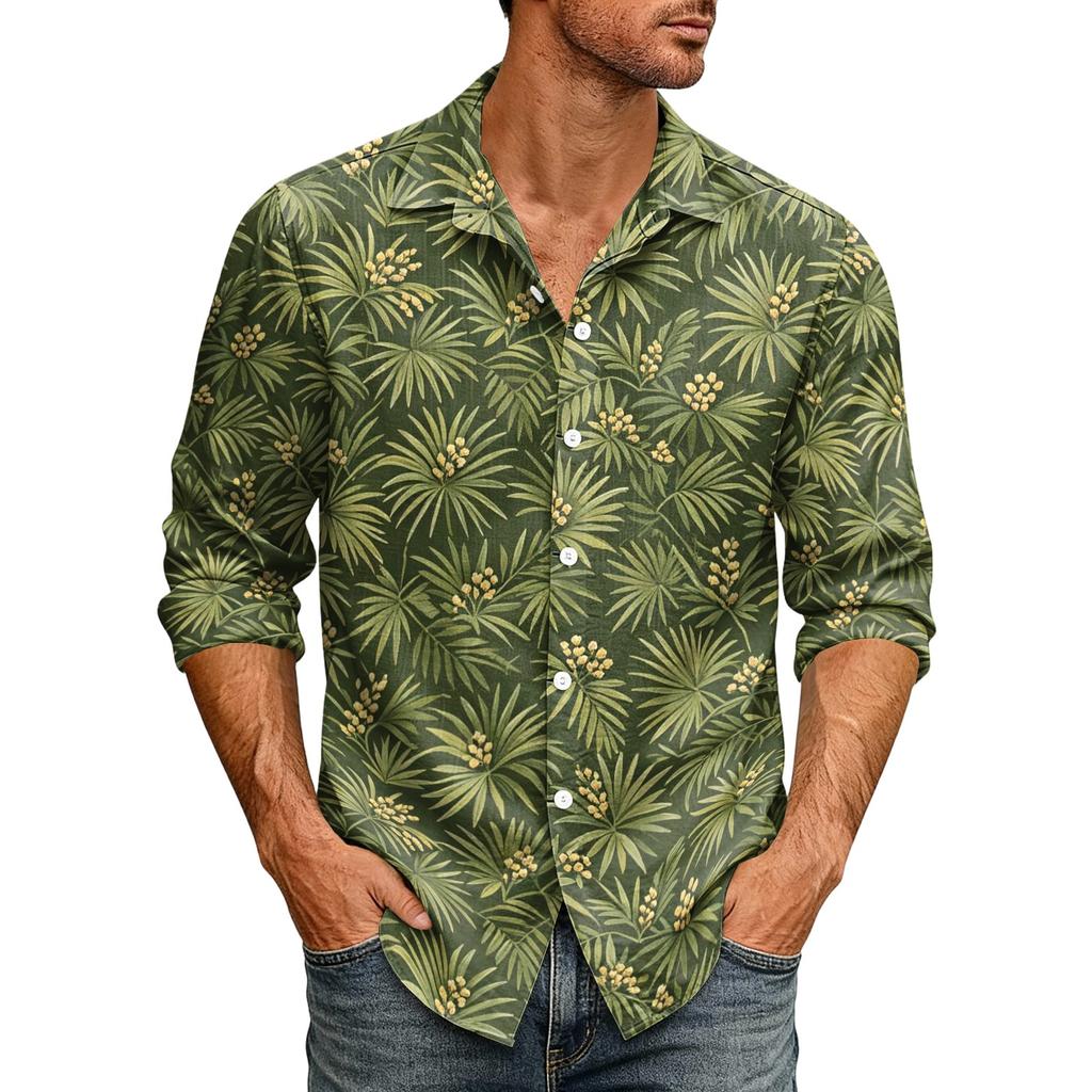 Men's Loose Fit Long Sleeve Shirt Hawaiian Style Retro Casual Button Down Shirt with Spread Collar Suitable for Spring and Autumn