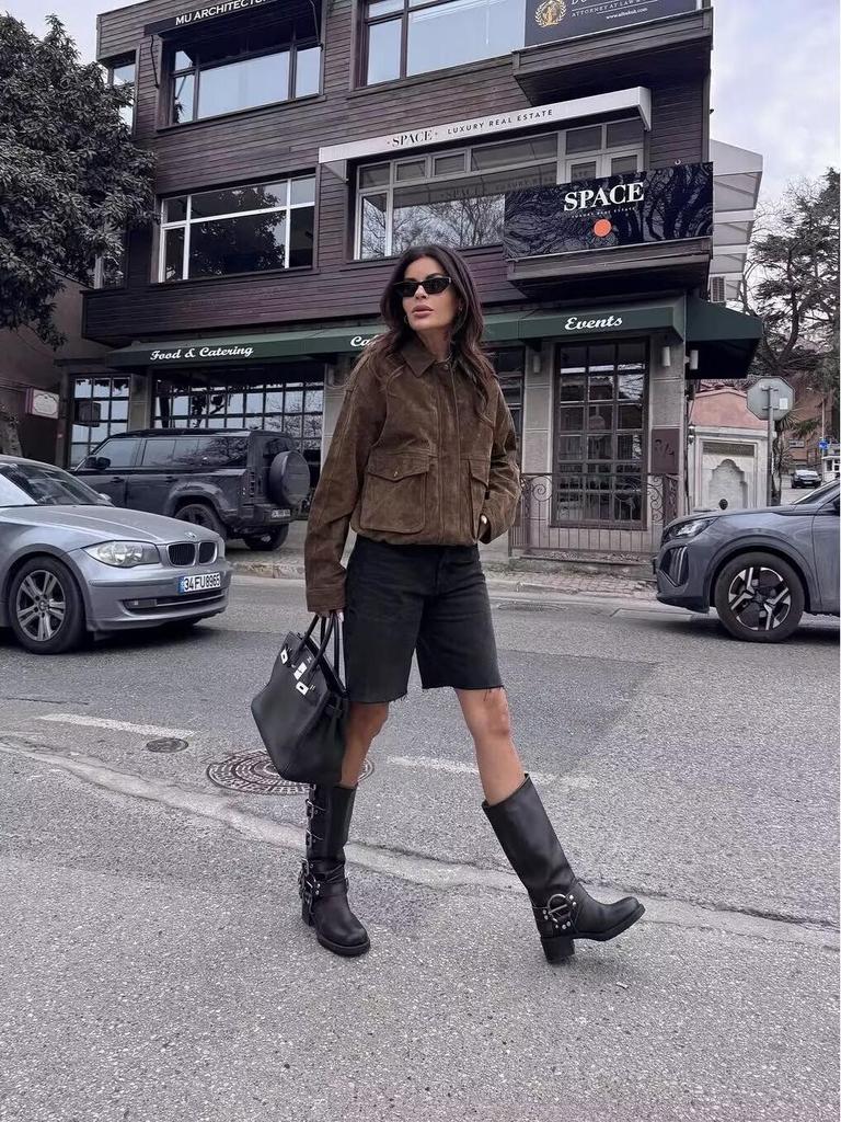 Damen 2025 Frühling/Herbst Wildleder-Bomberjacke - Lässig, lockere Passform, Oberbekleidung im euroamerikanischen Stil