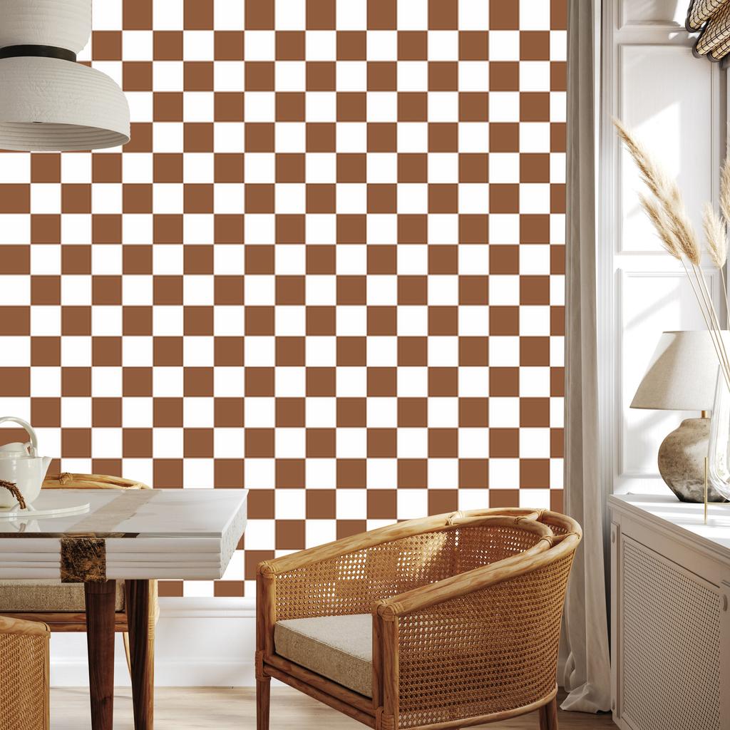 Checkerboard Wallpaper White, Orange and Beige for Living Room and Bedroom 50x1000