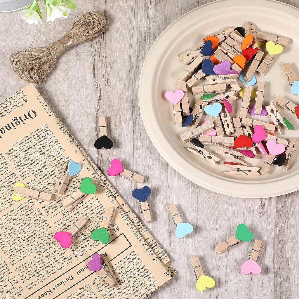 Heart Clothesp, 50 PCS Mini Colorful Clothesp Cute Wooden Clips Small Clothes Pin Photo String Hanging Photo Display with Clips for Home Party