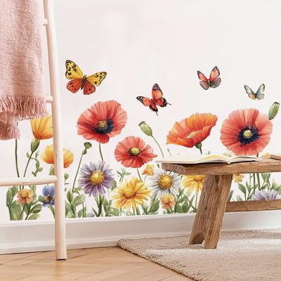 Watercolor Flower Butterfly Wall Sticker Self-Adhesive for Bedroom Headboard Rustic Style Wall Decoration