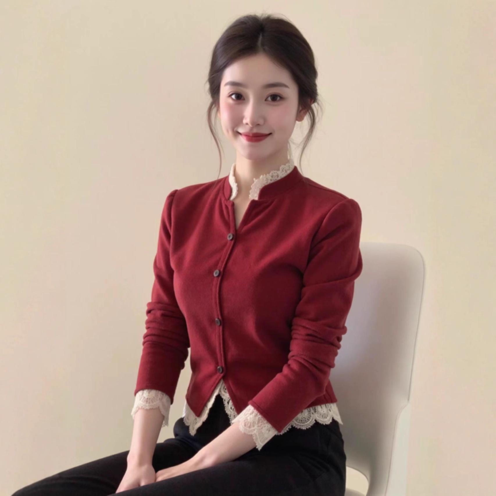 

Red Lace Trim Patchwork Velvet Top - Women s Winter Slim Fit Outerwear M