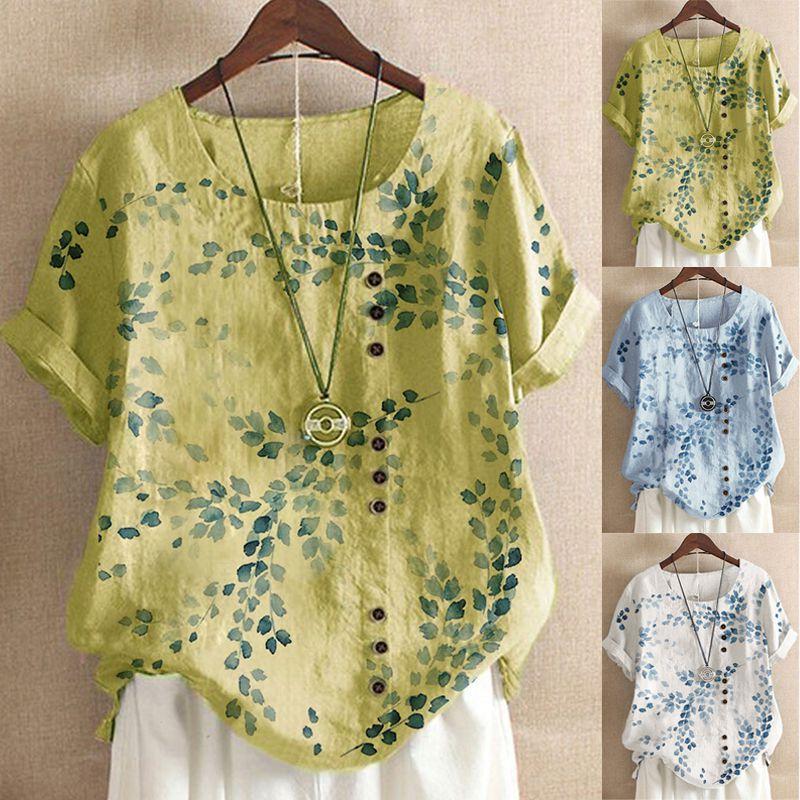 Ladies' Plus Size Floral Print Top Made From Soft Breathable Cotton Linen