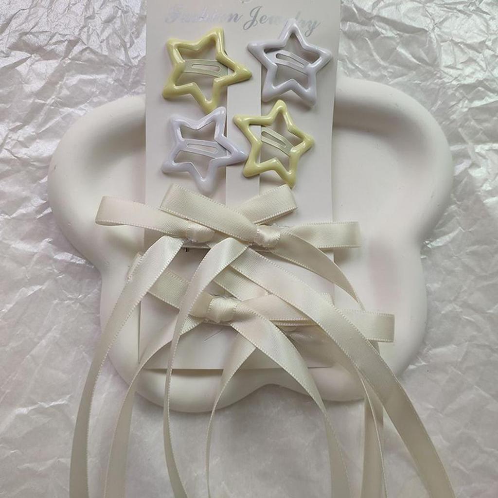 6-piece Set of Women's Hair Accessories, Starry and Bow Set, Ballet Style Bow Ribbon Ribbon Hair Clip, Double Ponytail Ribbon