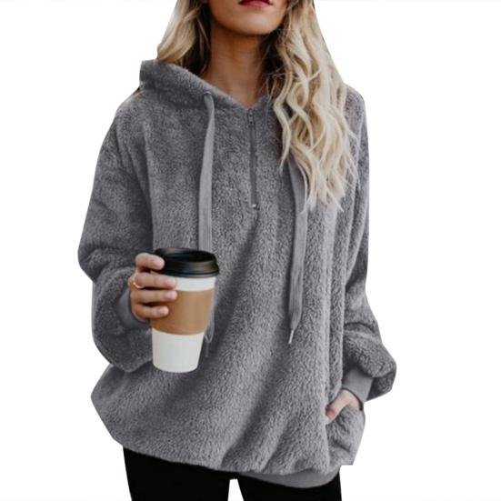 Plus Size Solid Color 1/4 Zip Up Fluffy Hoodies Women Hooded Sweatshirt