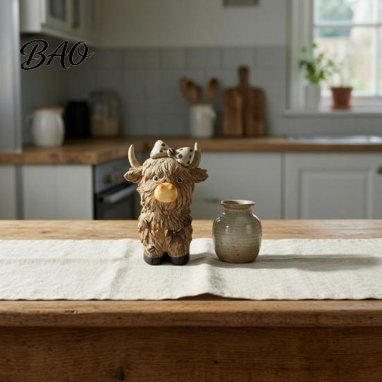 Rustic Farmhouse Living Room Decor Highland Cow Figurine, Resin Coffee Statue for Home Decor, Artistic Small Statues Country Style Tabletop