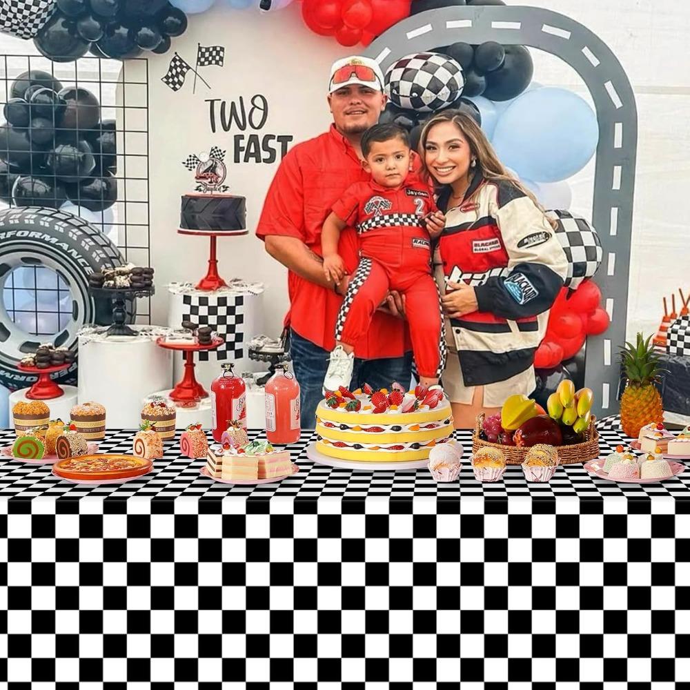 3pcs Race Car Checkered Plastic Tablecloth Black and White Racing Table Cover Disposable Cars Table Cloth for Car Theme Birthday Party Supplies