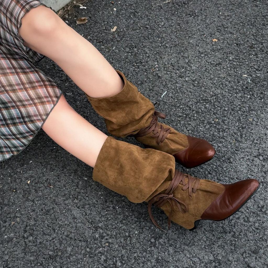Fashion Retro Pointed Lace-Up Stacking Boots Women'S Autumn And Winter Thin Trousers Western Cowboy Boots Thick Heel Knight Boots