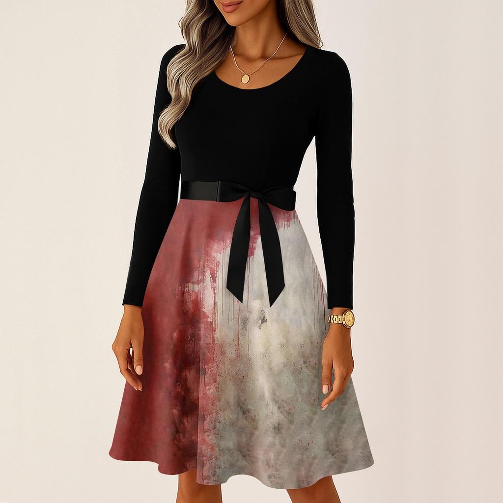Women's Casual Long Sleeve Halloween Print Vintage Dress Round Neck A-Line Fit and Flare Midi Dress with Bowknot Waist