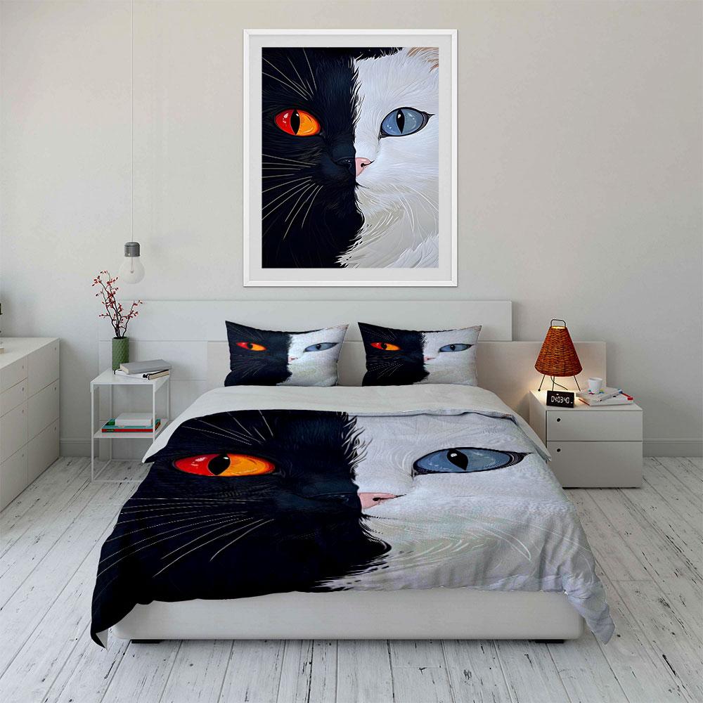 Black-and-white cat faces. Bedding sets Duvet cover sets Duvet covers Pillowcases(1*Duvet Cover 2*Pillowcases without duvet insert)