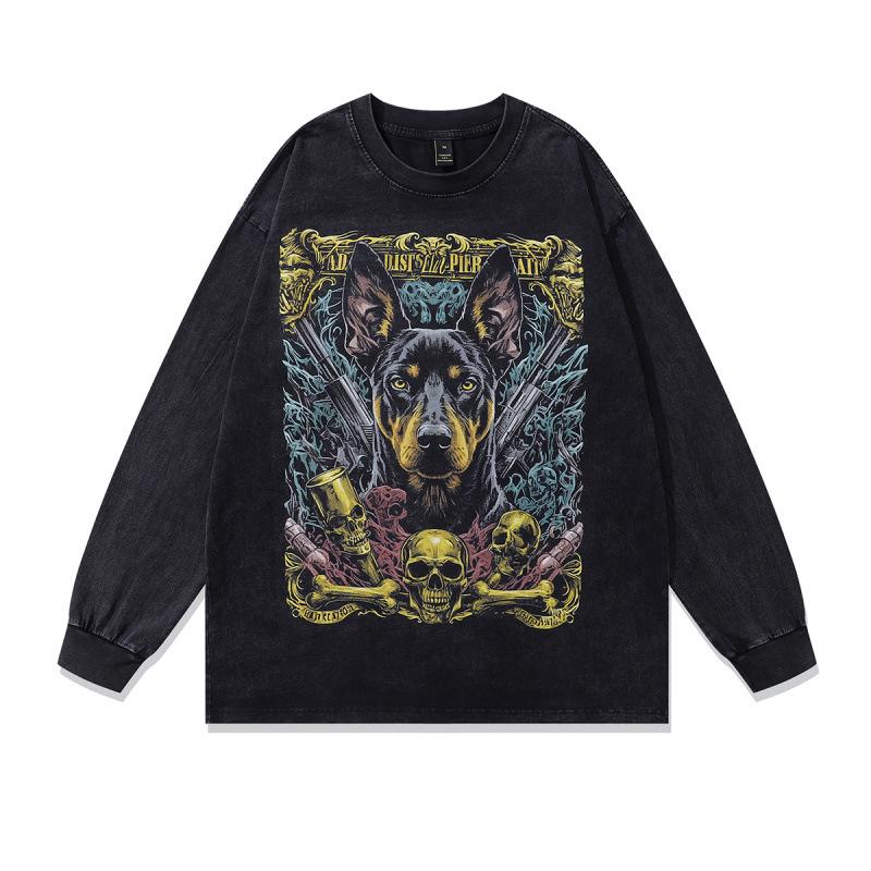 American Trendy Brand Diablo Doberman Printed Crew Neck Sweater Retro Washed Old Long-Sleeved T-Shirt For Men And Women