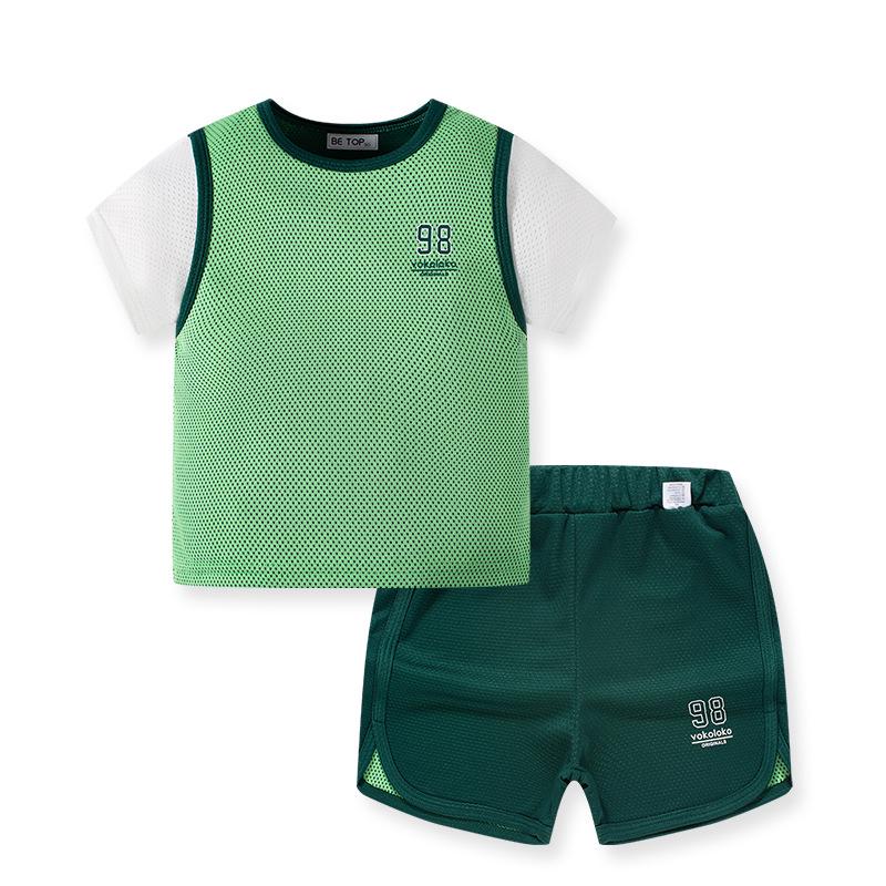 2026 Children's Casual Color Block Two-Piece Shorts & Short Sleeve Sports Set - Boys' Korean Style Fashion.