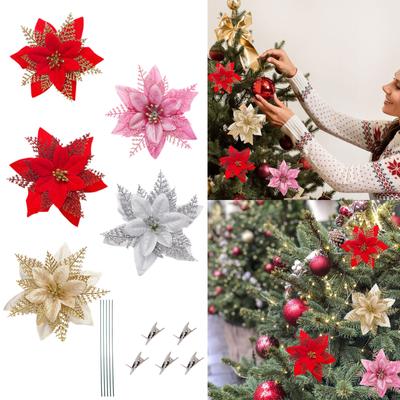 Glitzernde Weihnachtsblumen, künstliche Blumen, frohe Weihnachtsdekorationen, Zuhause, Weihnachtsbaumschmuck, 5 Stück