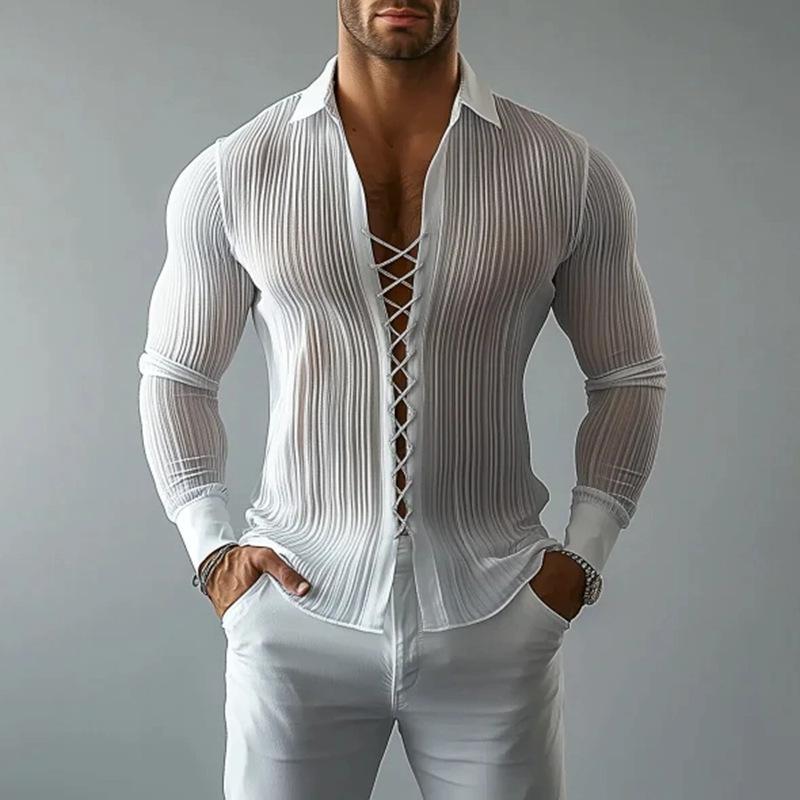 Autumn and Winter European and American Men's Lapel Strap Design Shirt Hollow Ascetic Style Textured Men's Shirt