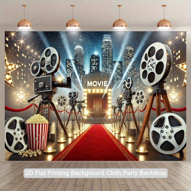 Jeden červený koberec pro hollywoodskou premiéru - nápis kina filmová kamera panorama města v noci
