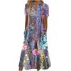 Women's V‑Neck Button Short Sleeve Midi Dress Loose Printed Casual Dress With Side Pockets