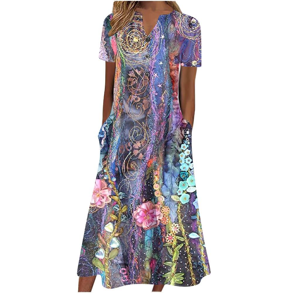 Women's V‑Neck Button Short Sleeve Midi Dress Loose Printed Casual Dress With Side Pockets