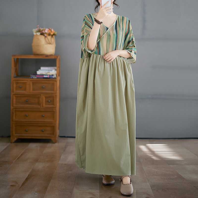 Cotton and Linen Summer Patchwork Retro Style Dress Long Skirt