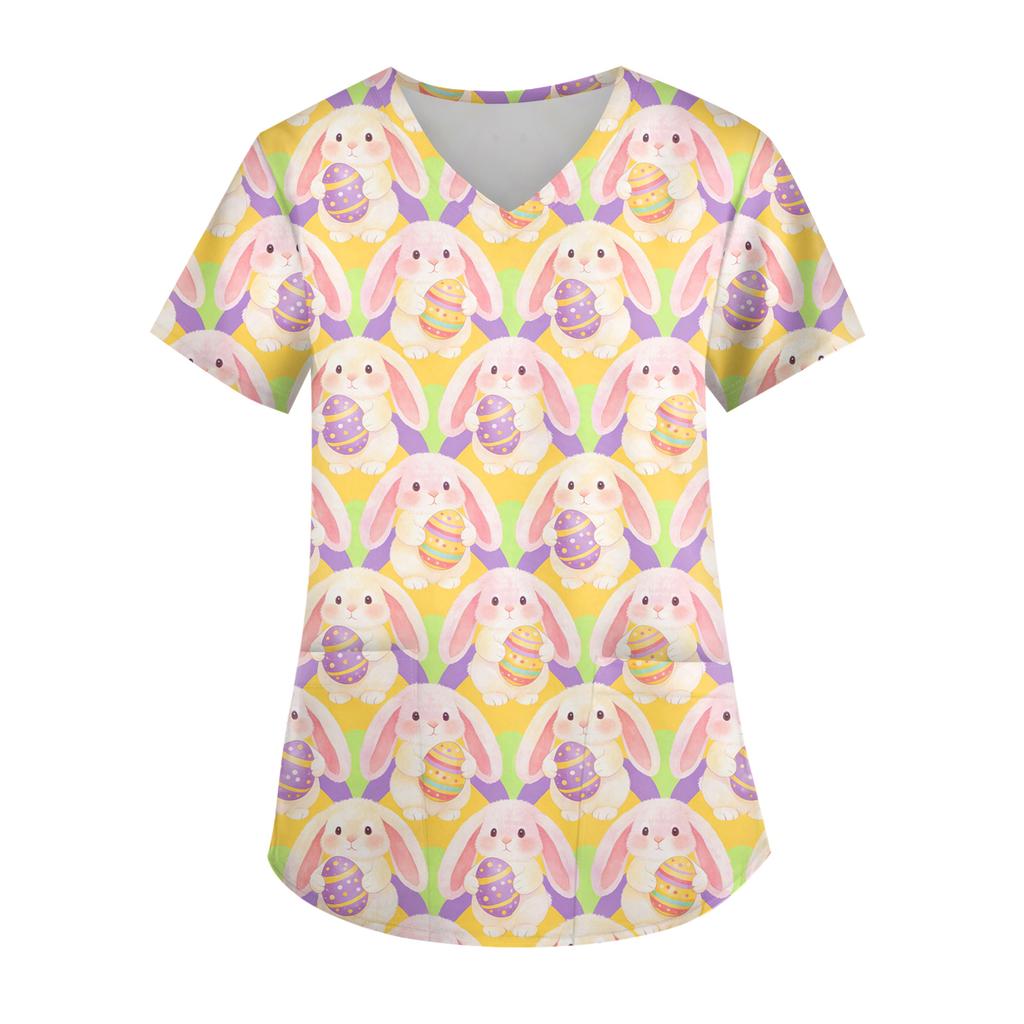 Ladies' Easter printed fashionable V-neck pocket short sleeved uniform and caregiver top