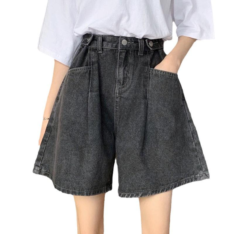 Women's High-Waisted Black Gray Denim Shorts - Summer Loose Fit, Slimming, Plus Size, Pear-Shaped, Five-Point Length