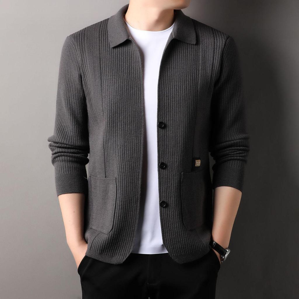Men's Solid Color Knit Cardigan - Anti-Pilling Casual Jacket for Autumn/Winter 2024