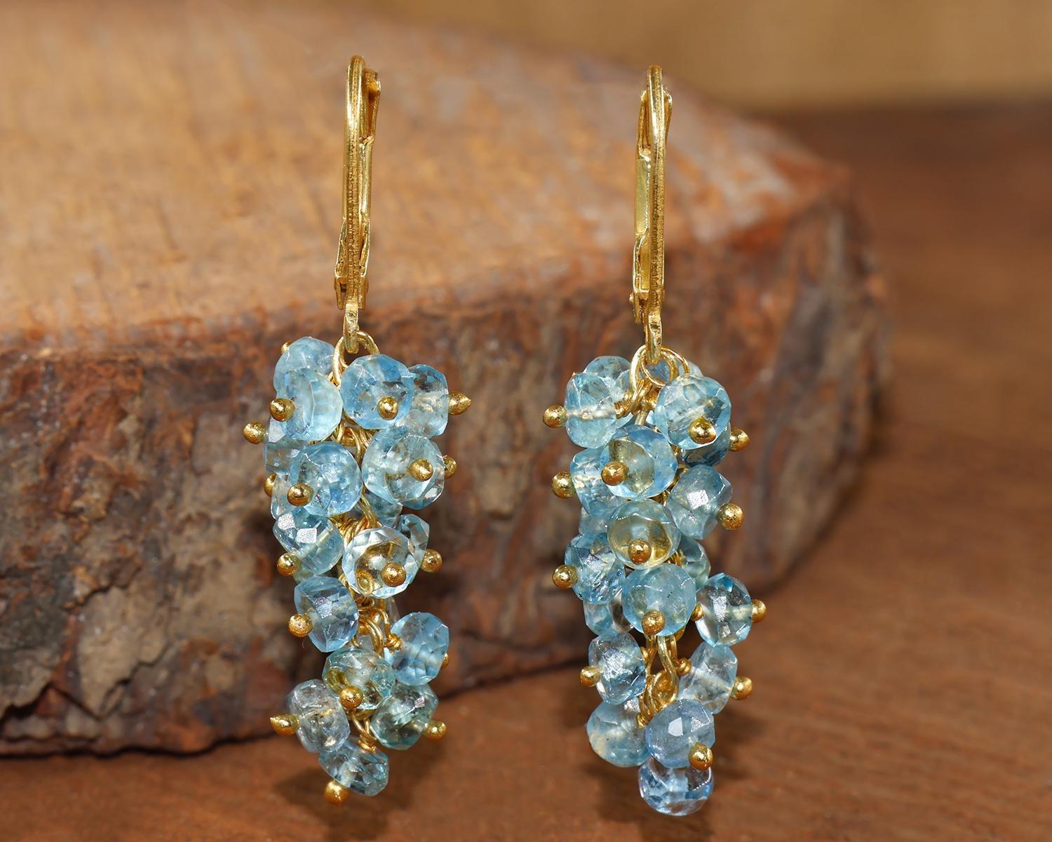 

Genuine Aquamarine Beads Cluster Earring, Natural Aquamarine Beads Gold Earring, Birthstone Jewelry, Handmade Earrings, Gift for Her 1.5 Inch жовтий/золотий