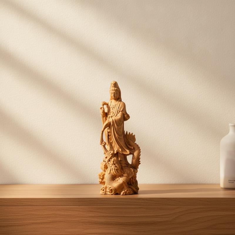Minimalist Solid Wood Guanyin Statue Hand Carved Wooden Ornament for Home Living Room Interior Decoration