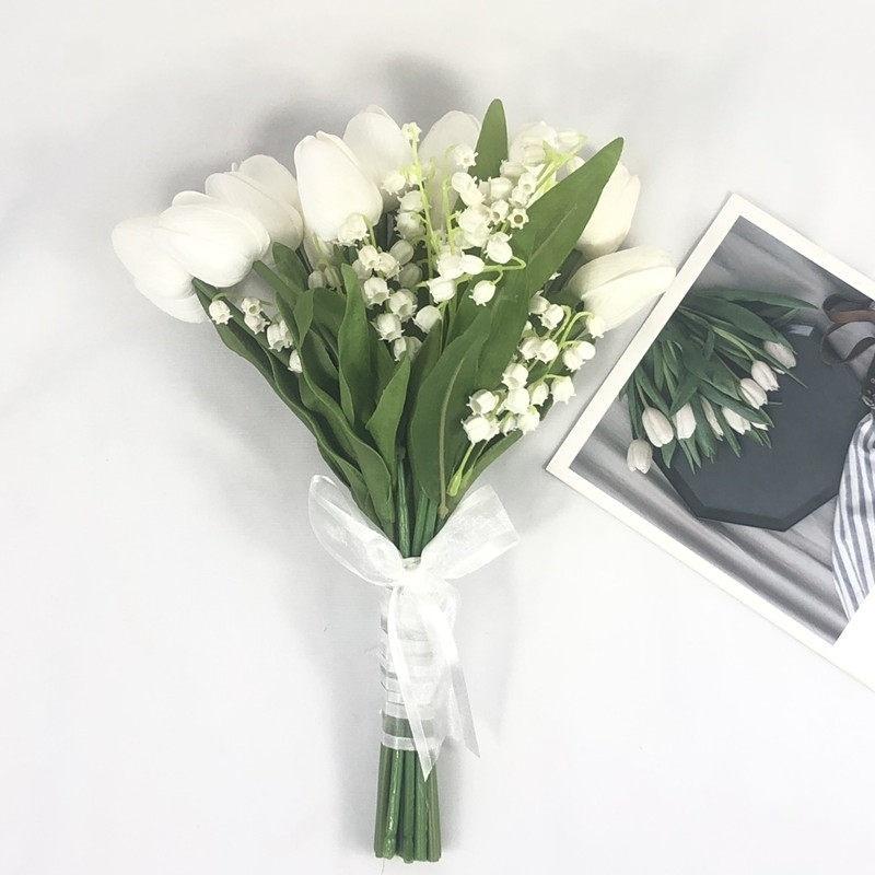 Customizable Realistic Soft Artificial Flower Hand Bouquet Calla Lily Tulip French Elegant Bride Pure White Wedding Photography
