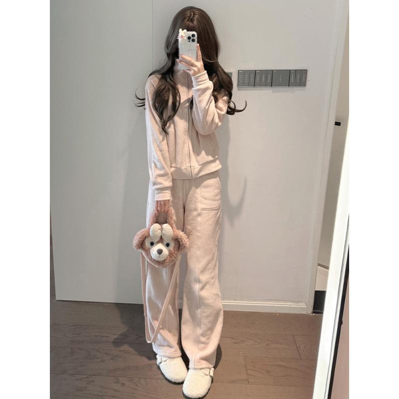 

Women s Korean Style Pink Hoodie Sportswear Set: Autumn/Winter, Velvet, Stand Collar, Loose Fit, Age-Reducing, Two-Piece, Mid-Length. Extra Large
