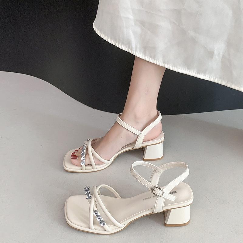 Silver Word with Thick Heel Sandals Women's New Summer Skirt Temperament Rhinestone High Heel Beach Shoes