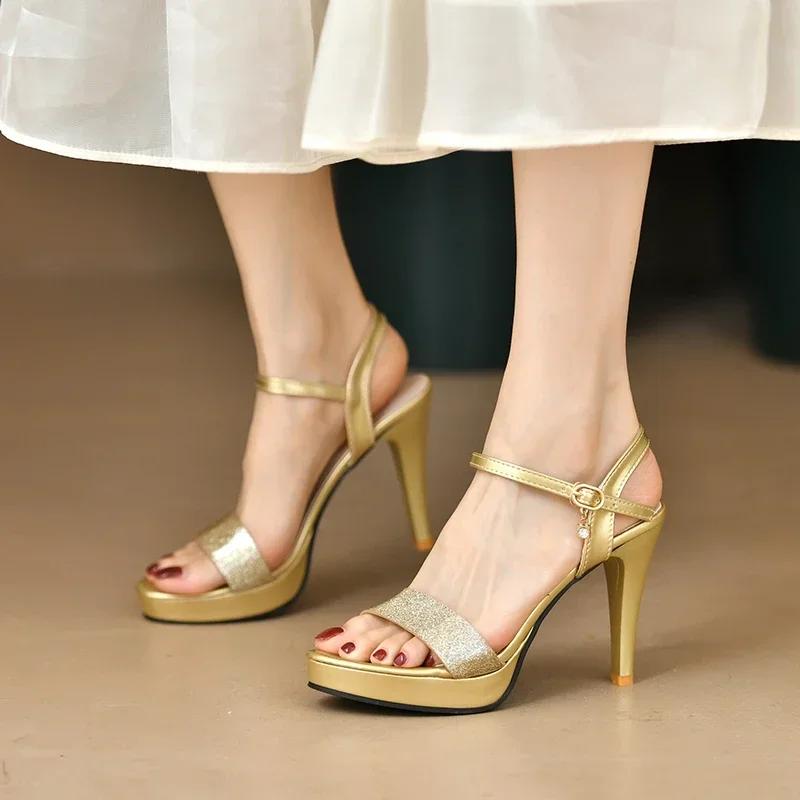 Gold Glitter High Heel Sandals for Women Summer 2024 Ankle Strap Platform Pumps Sexy Stiletto Heeled Party Shoes Zapatos Mujer
