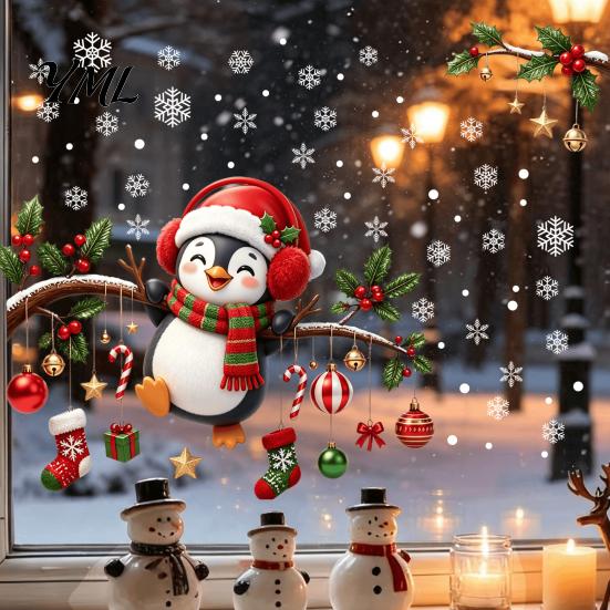 Shop Showcase Glass Decorations Christmas Static Window Cling, Penguin Decal with Holly Baubles Snowflakes, Festive Home Decor Supplies for